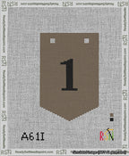 A taped needlepoint canvas with the design: Banner 13 mesh count Pointed 1 Black on Brown.
