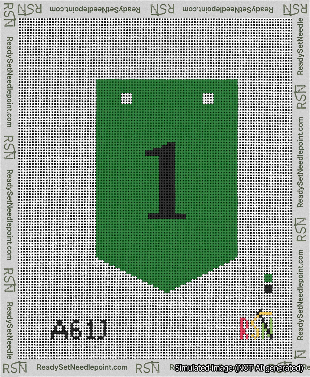 A taped needlepoint canvas with the design: Banner 13 mesh count Pointed 1 Black on Green.