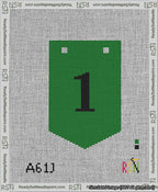 A taped needlepoint canvas with the design: Banner 13 mesh count Pointed 1 Black on Green.