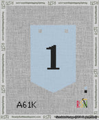 A taped needlepoint canvas with the design: Banner 13 mesh count Pointed 1 Black on Light Blue.