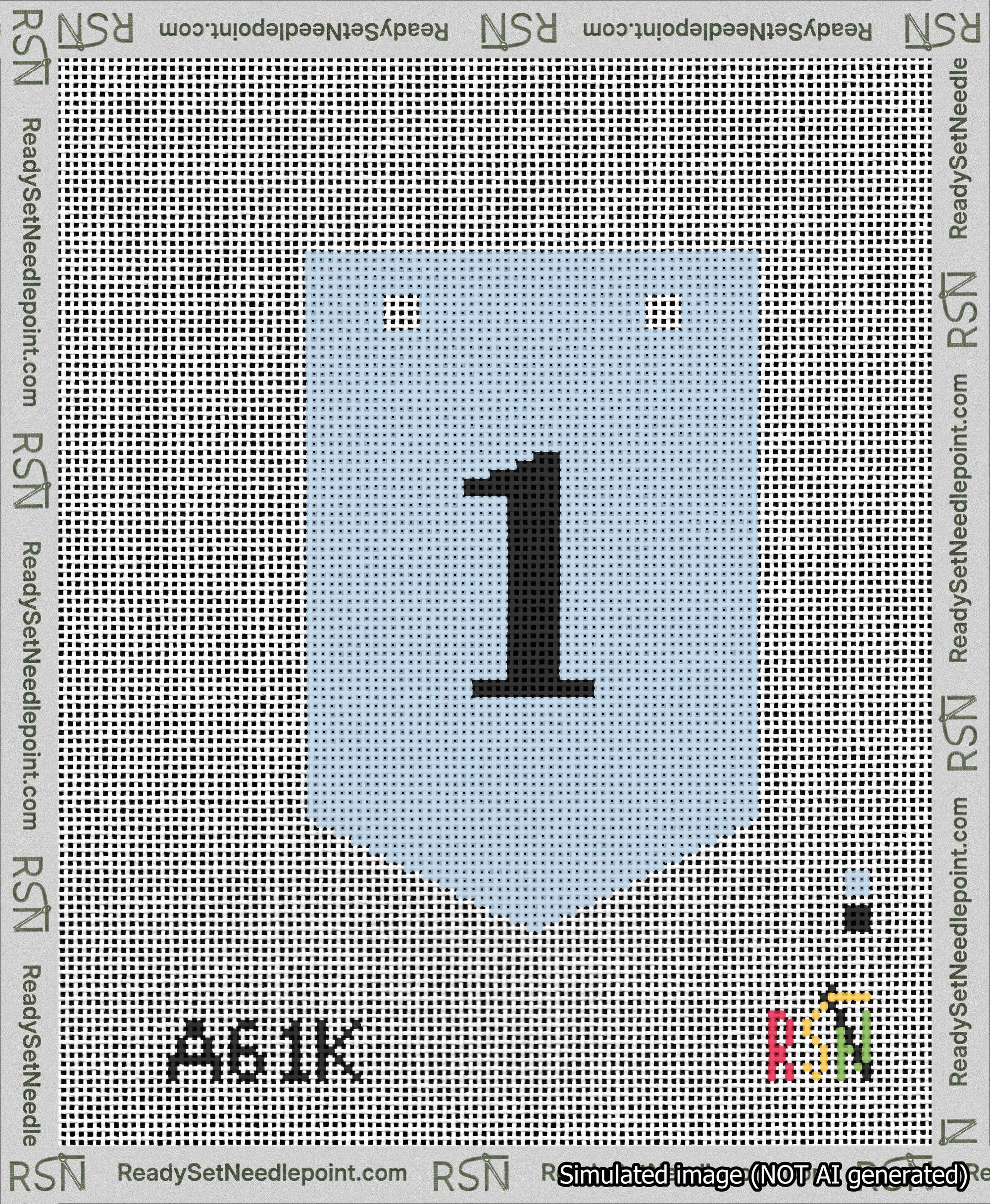 A taped needlepoint canvas with the design: Banner 13 mesh count Pointed 1 Black on Light Blue.