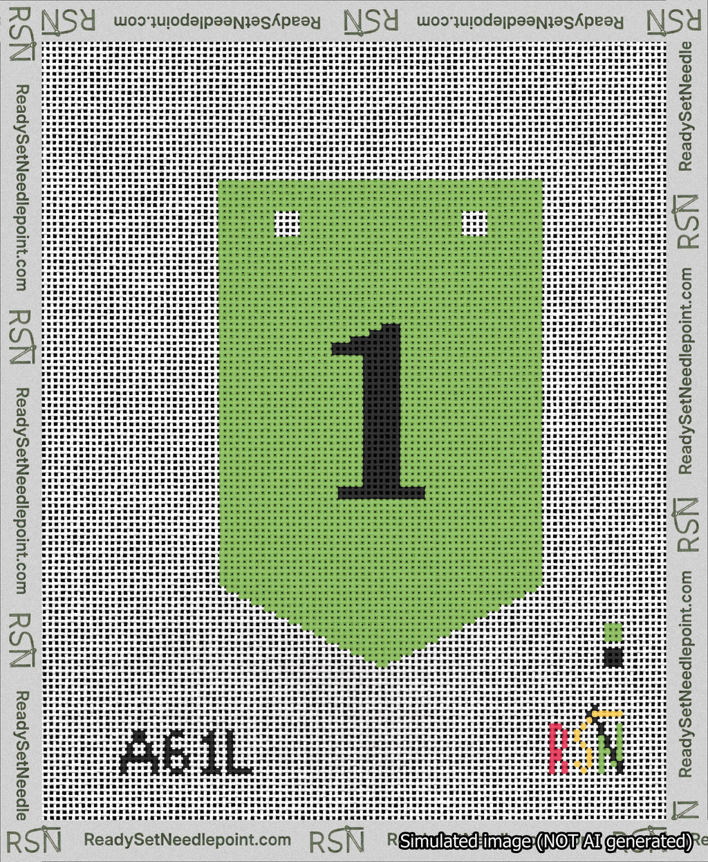 A taped needlepoint canvas with the design: Banner 13 mesh count Pointed 1 Black on Light Green.