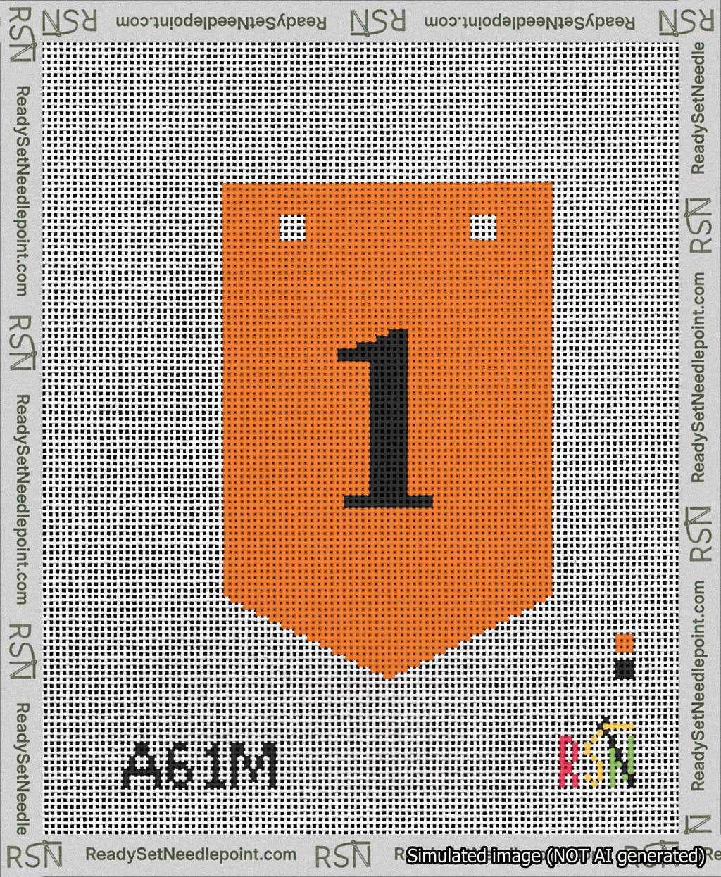 A taped needlepoint canvas with the design: Banner 13 mesh count Pointed 1 Black on Orange.