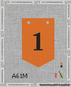 A taped needlepoint canvas with the design: Banner 13 mesh count Pointed 1 Black on Orange.