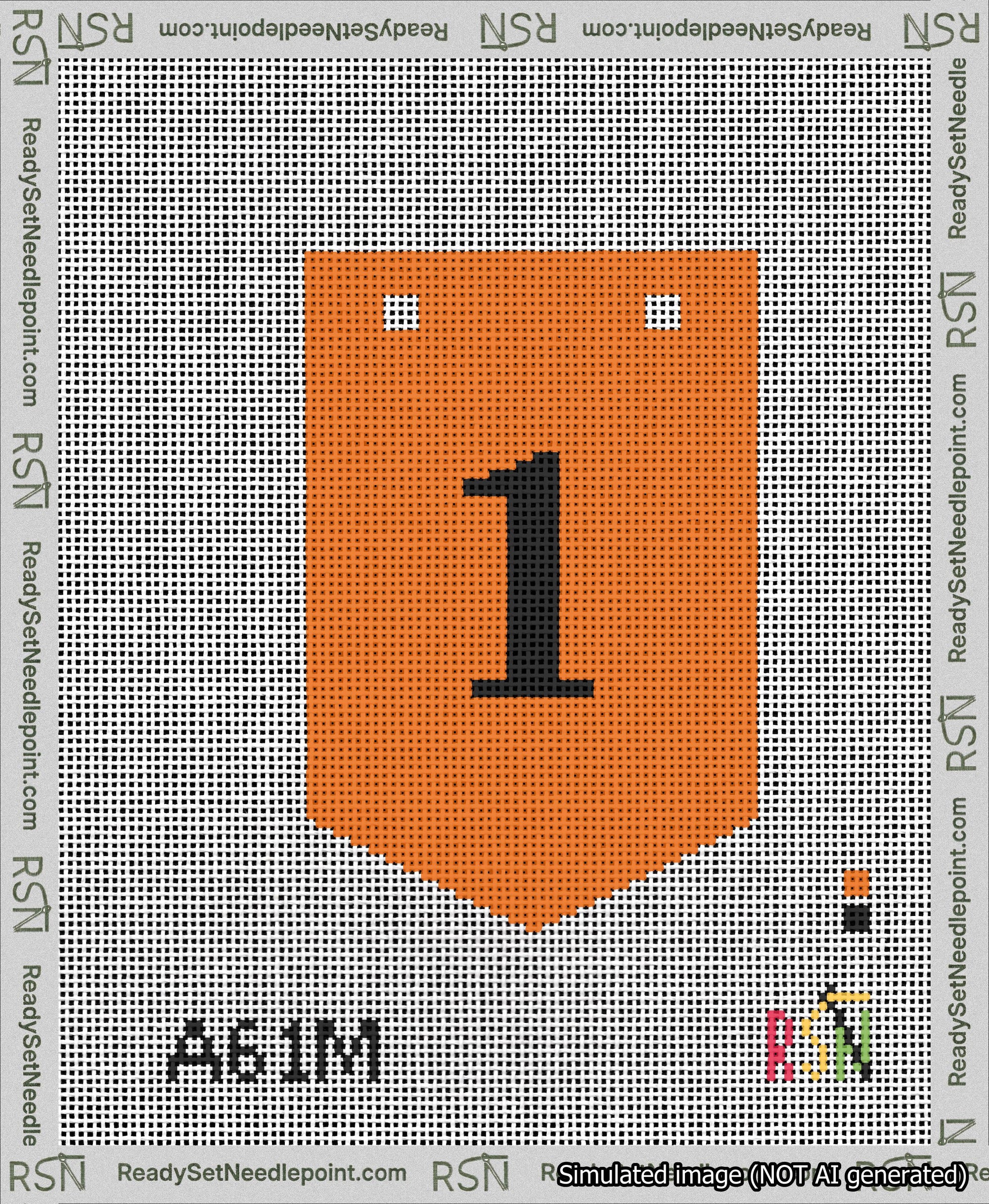 A taped needlepoint canvas with the design: Banner 13 mesh count Pointed 1 Black on Orange.
