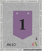 A taped needlepoint canvas with the design: Banner 13 mesh count Pointed 1 Black on Purple.