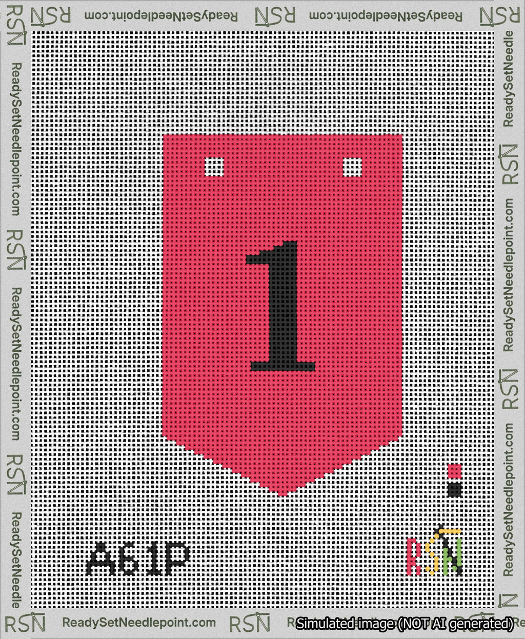 A taped needlepoint canvas with the design: Banner 13 mesh count Pointed 1 Black on Red.