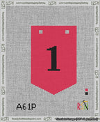 A taped needlepoint canvas with the design: Banner 13 mesh count Pointed 1 Black on Red.