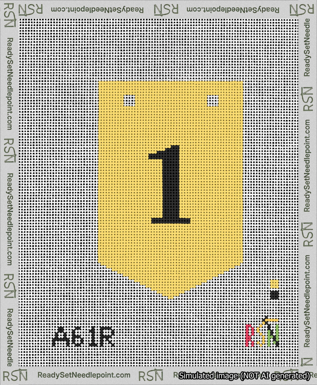 A taped needlepoint canvas with the design: Banner 13 mesh count Pointed 1 Black on Yellow.