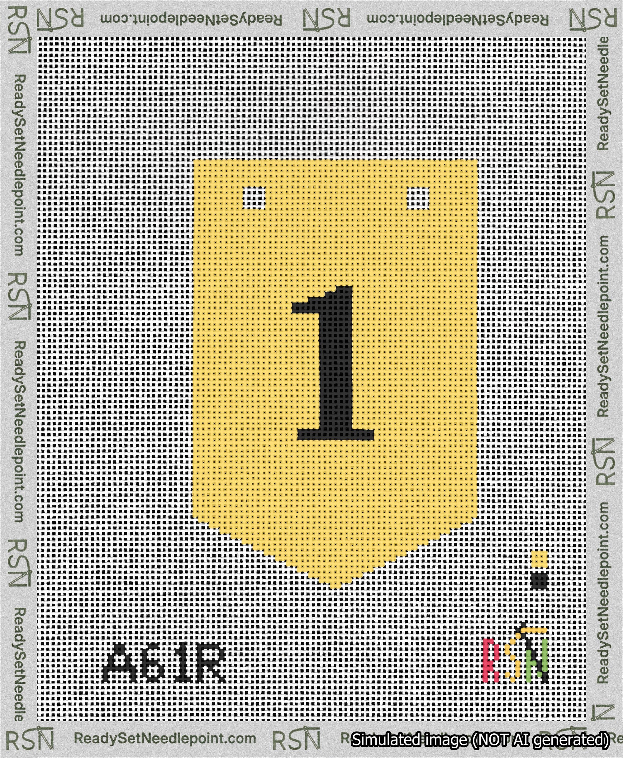A taped needlepoint canvas with the design: Banner 13 mesh count Pointed 1 Black on Yellow.