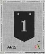 A taped needlepoint canvas with the design: Banner 13 mesh count Pointed 1 White on Black.