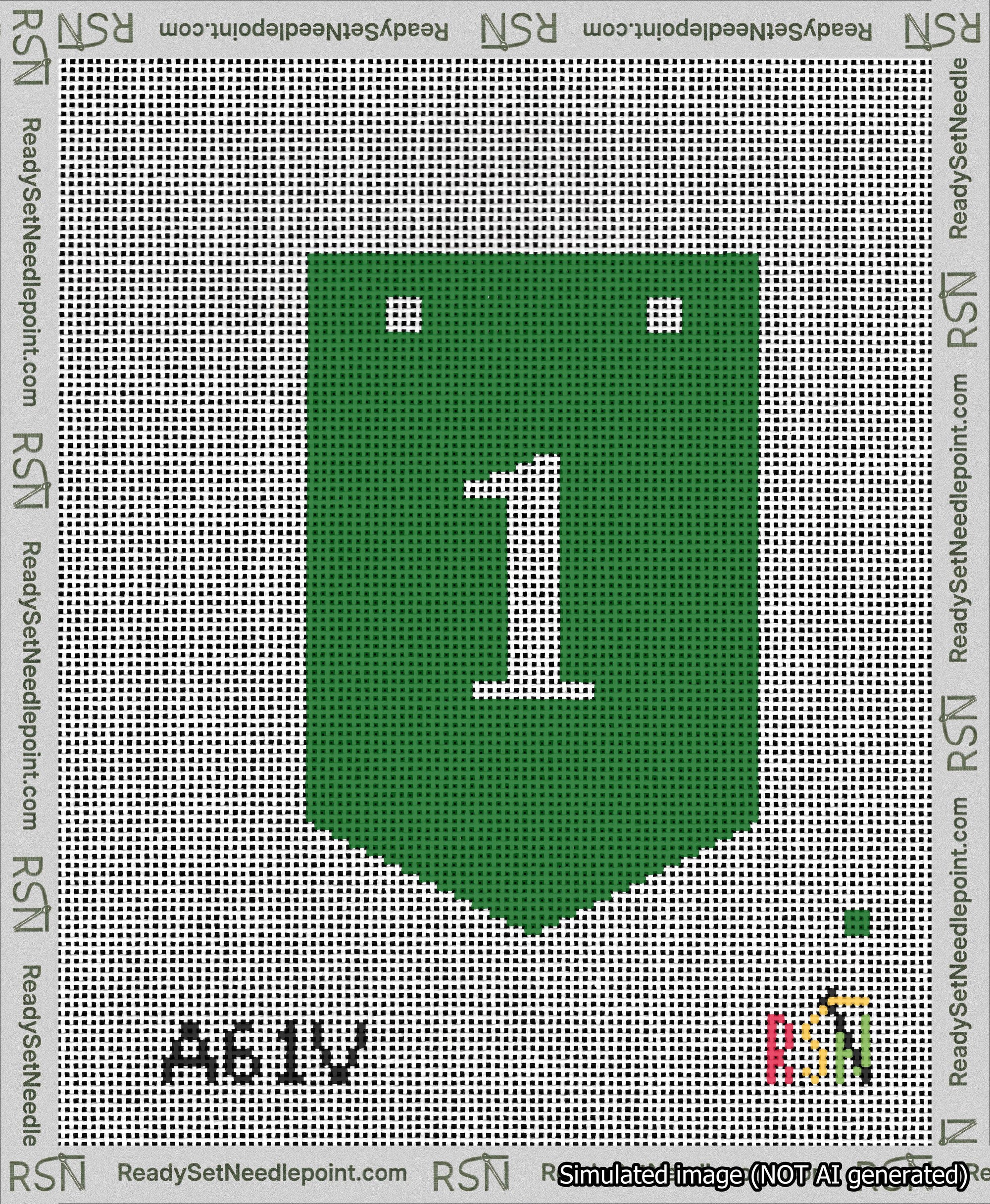 A taped needlepoint canvas with the design: Banner 13 mesh count Pointed 1 White on Green.