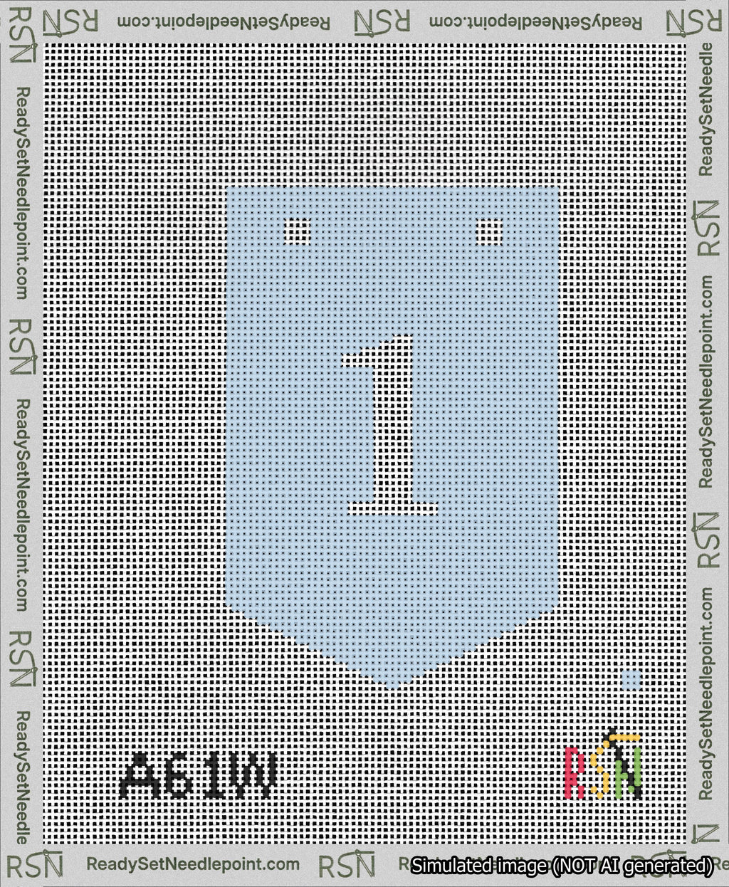 A taped needlepoint canvas with the design: Banner 13 mesh count Pointed 1 White on Light Blue.