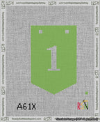 A taped needlepoint canvas with the design: Banner 13 mesh count Pointed 1 White on Light Green.