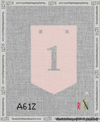 A taped needlepoint canvas with the design: Banner 13 mesh count Pointed 1 White on Pink.