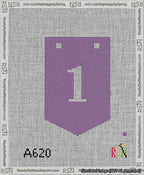 A taped needlepoint canvas with the design: Banner 13 mesh count Pointed 1 White on Purple.
