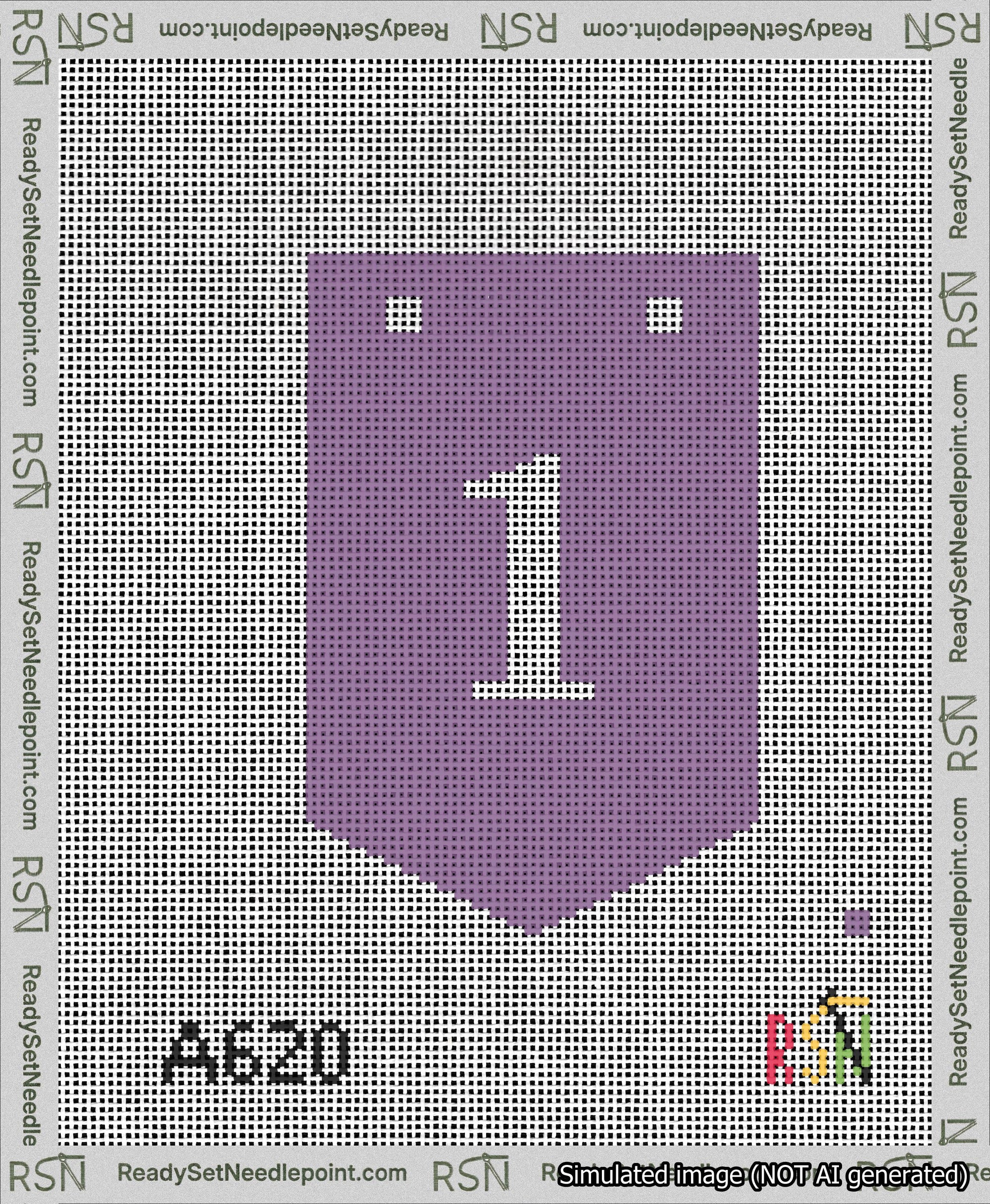 A taped needlepoint canvas with the design: Banner 13 mesh count Pointed 1 White on Purple.