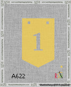 A taped needlepoint canvas with the design: Banner 13 mesh count Pointed 1 White on Yellow.