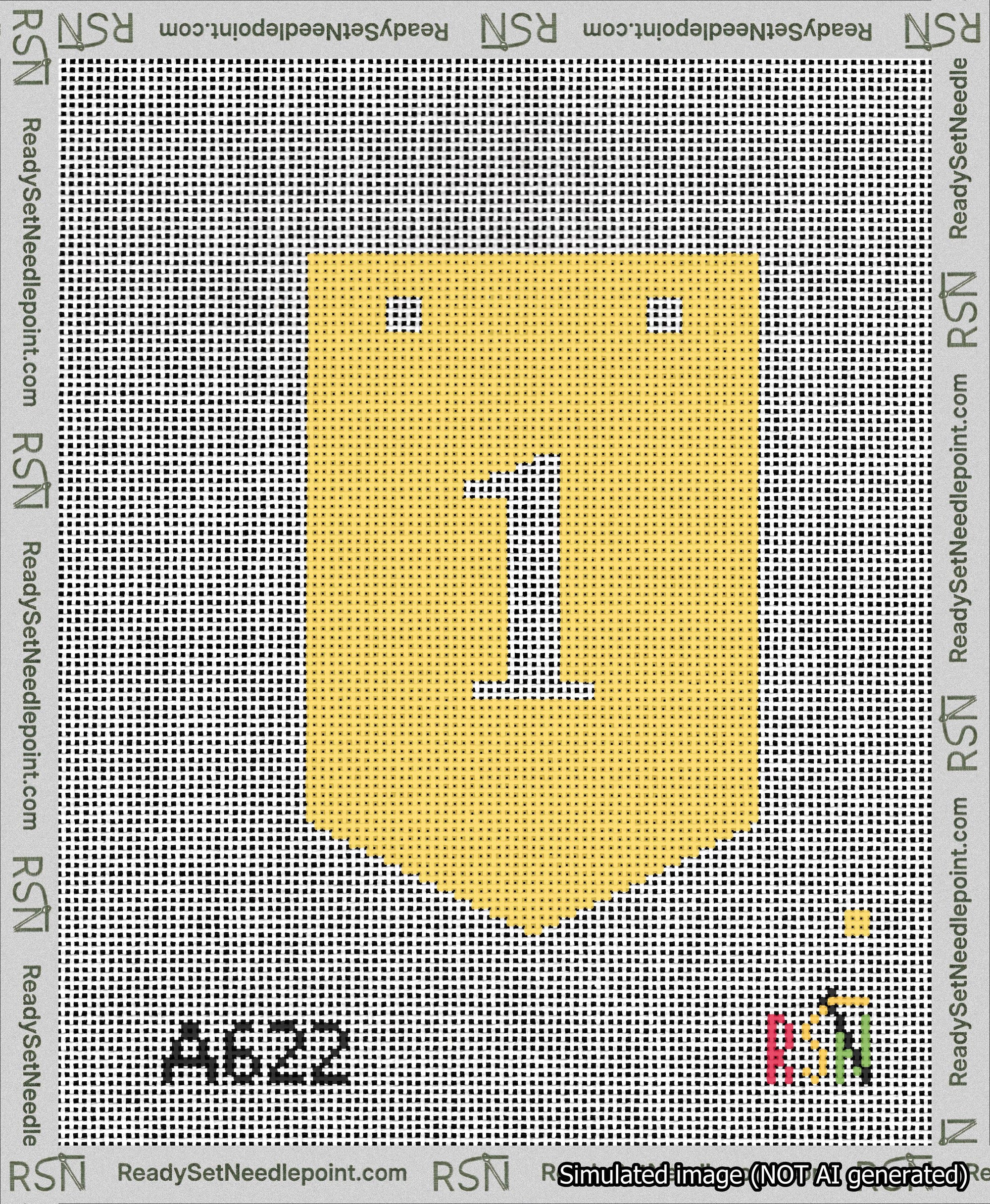 A taped needlepoint canvas with the design: Banner 13 mesh count Pointed 1 White on Yellow.