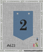 A taped needlepoint canvas with the design: Banner 13 mesh count Pointed 2 Black on Blue.