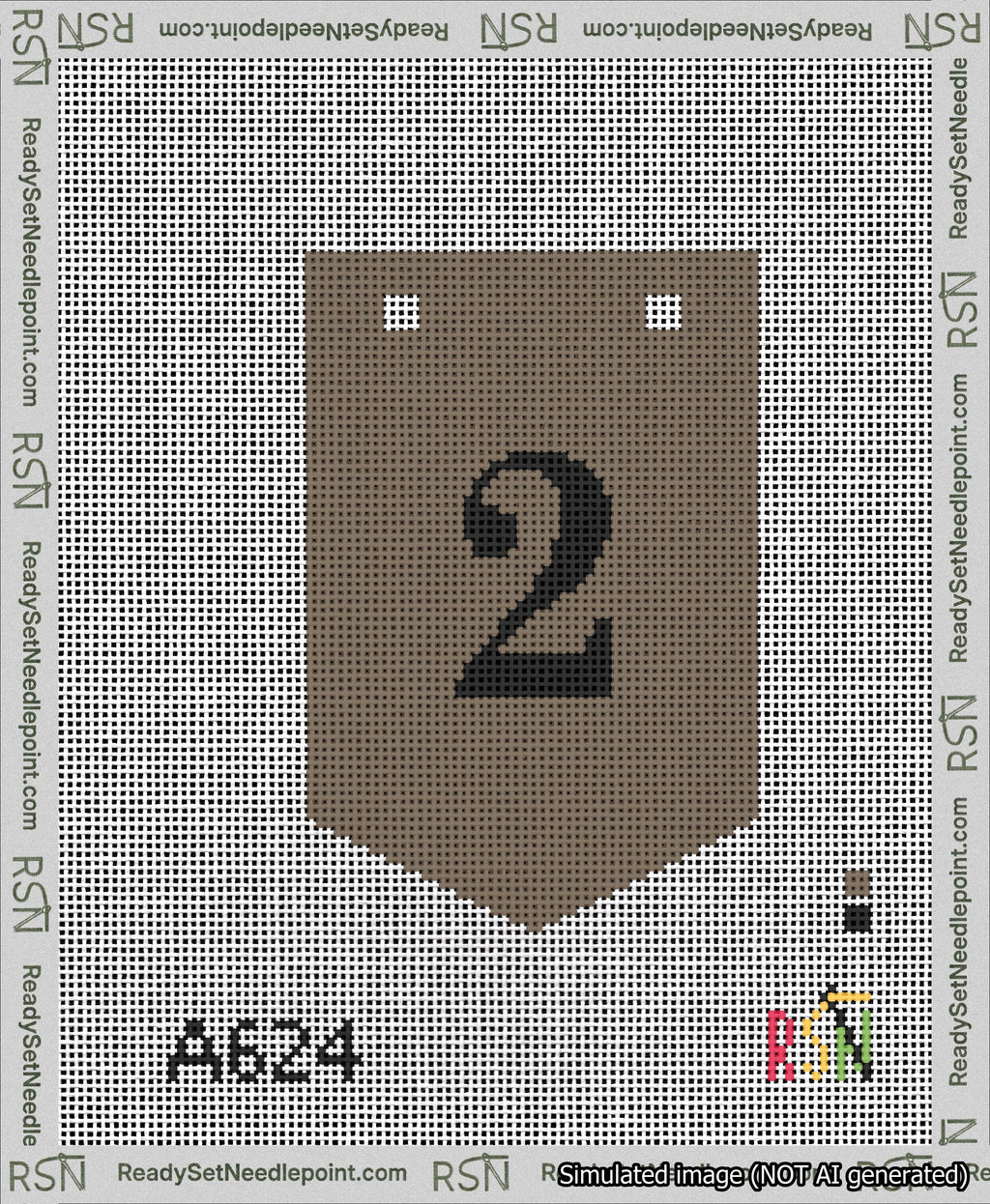 A taped needlepoint canvas with the design: Banner 13 mesh count Pointed 2 Black on Brown.