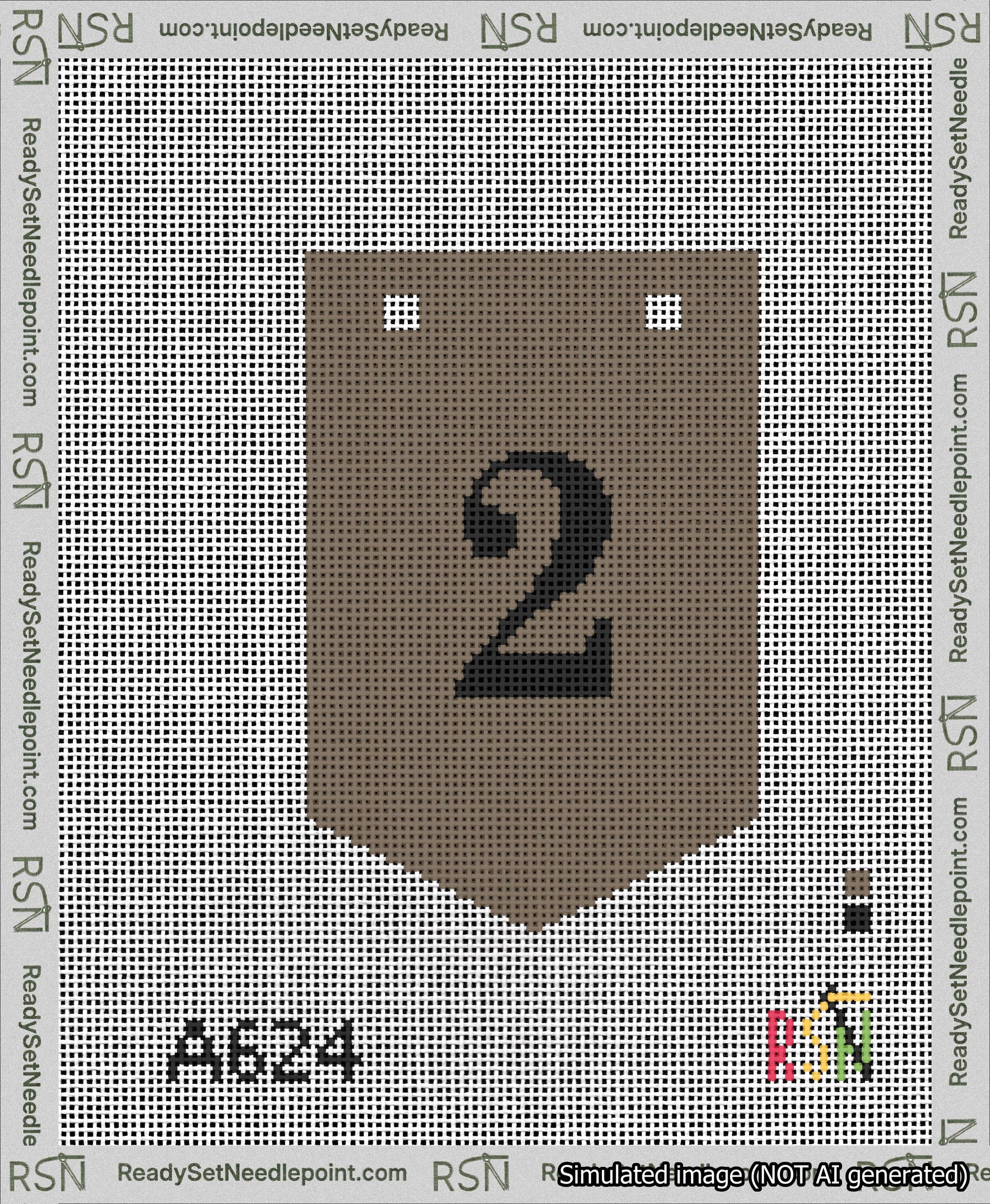 A taped needlepoint canvas with the design: Banner 13 mesh count Pointed 2 Black on Brown.