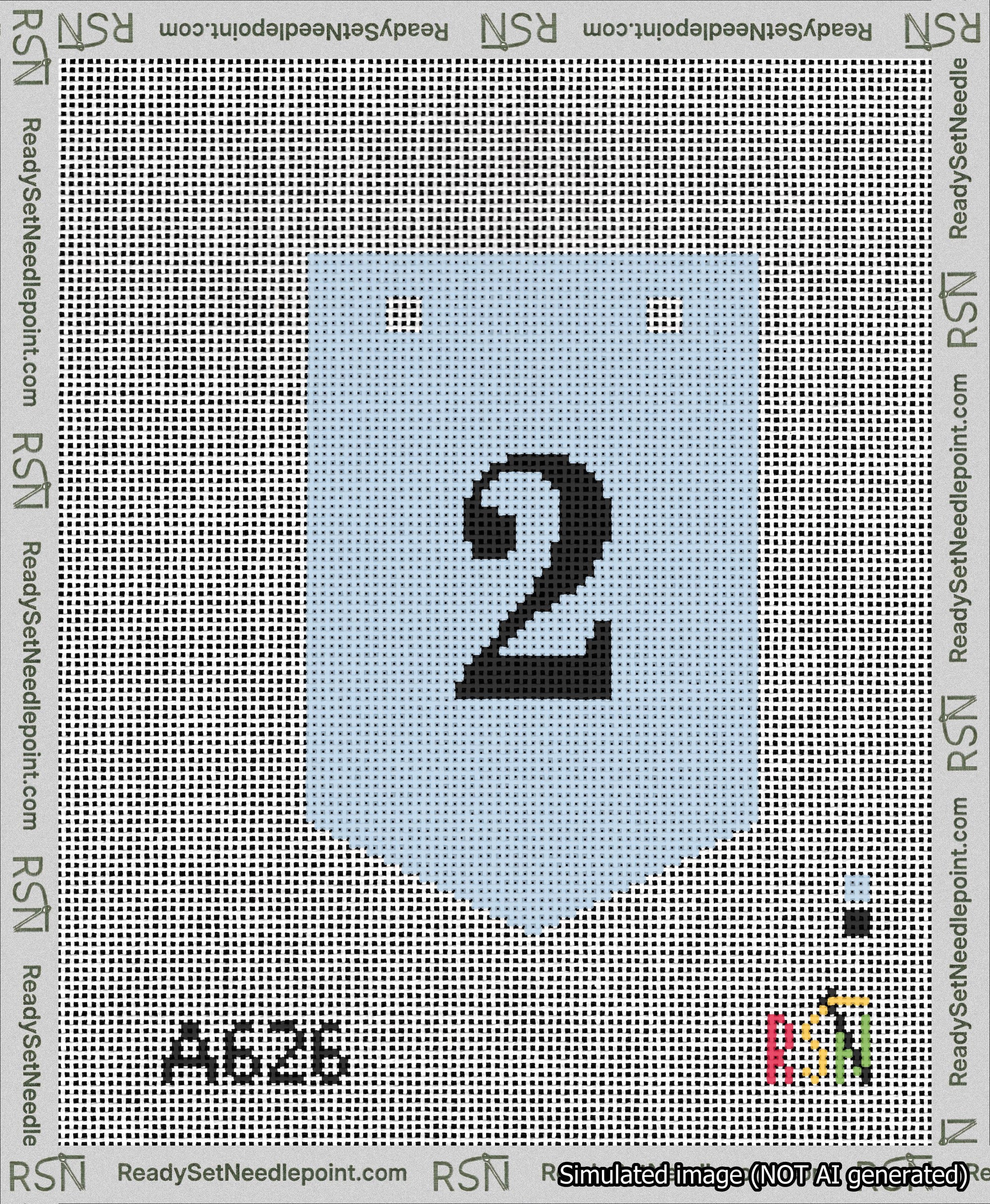 A taped needlepoint canvas with the design: Banner 13 mesh count Pointed 2 Black on Light Blue.