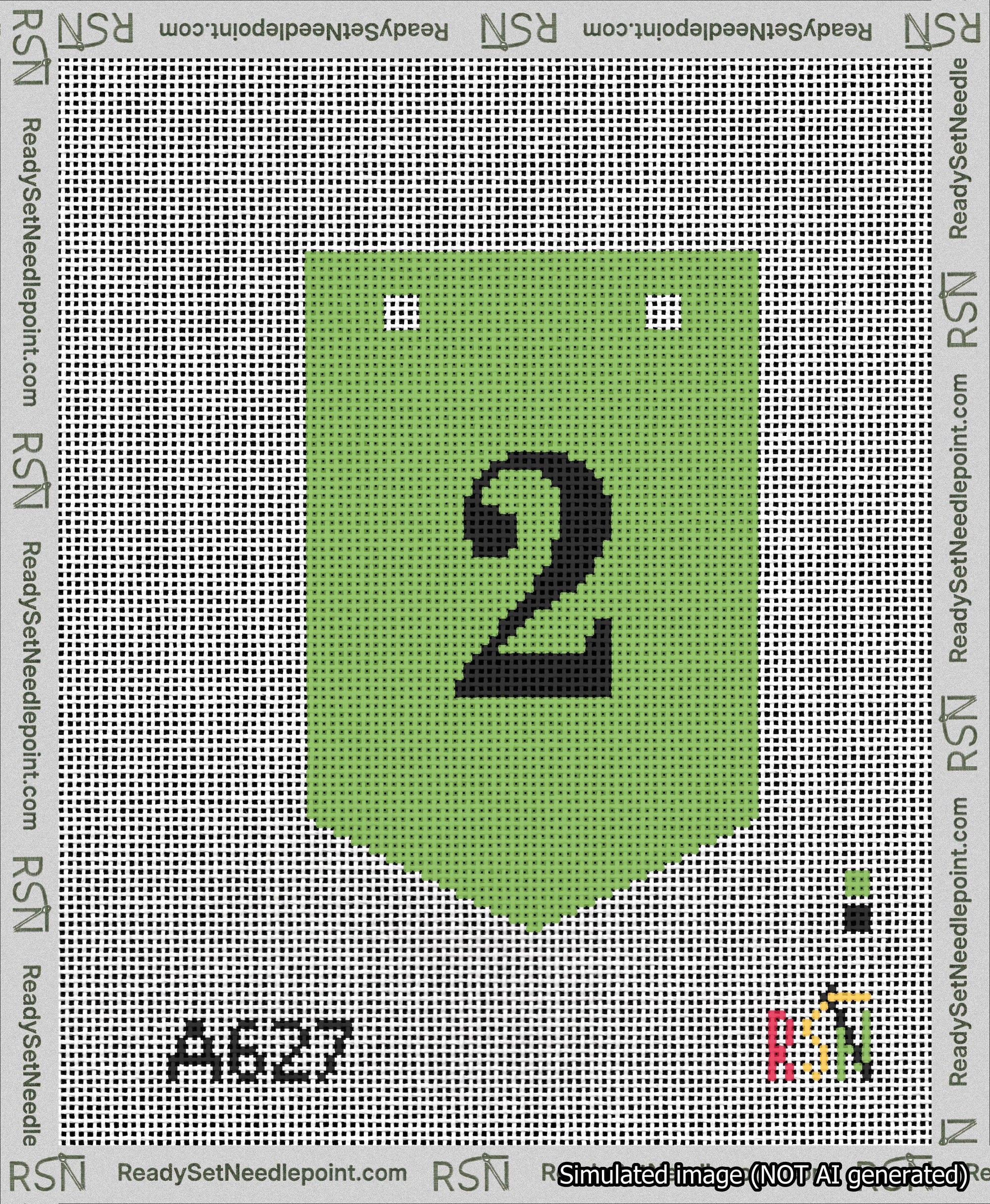 A taped needlepoint canvas with the design: Banner 13 mesh count Pointed 2 Black on Light Green.