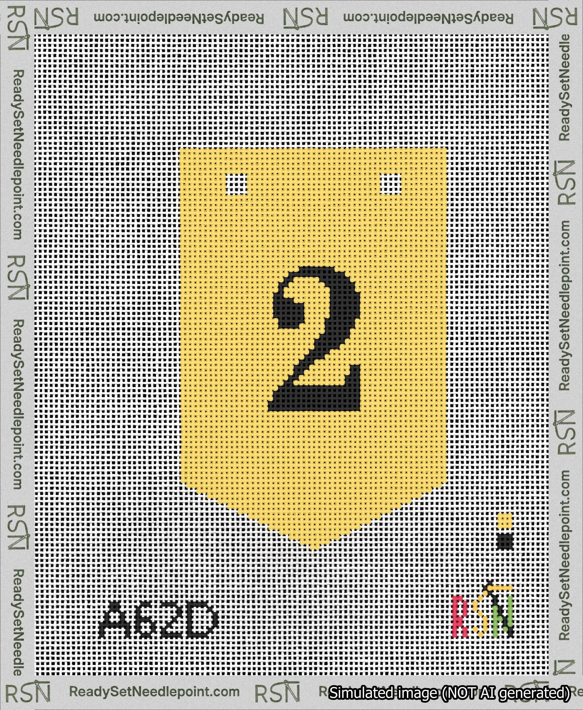 A taped needlepoint canvas with the design: Banner 13 mesh count Pointed 2 Black on Yellow.