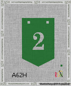 A taped needlepoint canvas with the design: Banner 13 mesh count Pointed 2 White on Green.