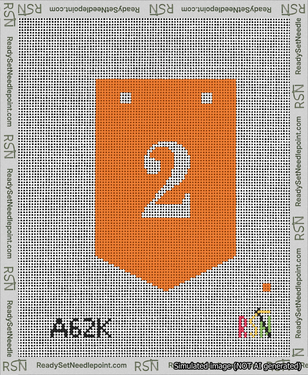 A taped needlepoint canvas with the design: Banner 13 mesh count Pointed 2 White on Orange.