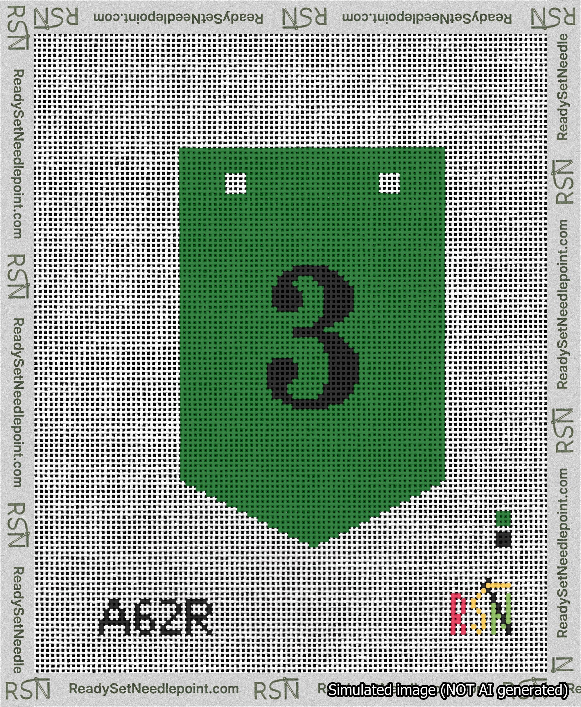 A taped needlepoint canvas with the design: Banner 13 mesh count Pointed 3 Black on Green.
