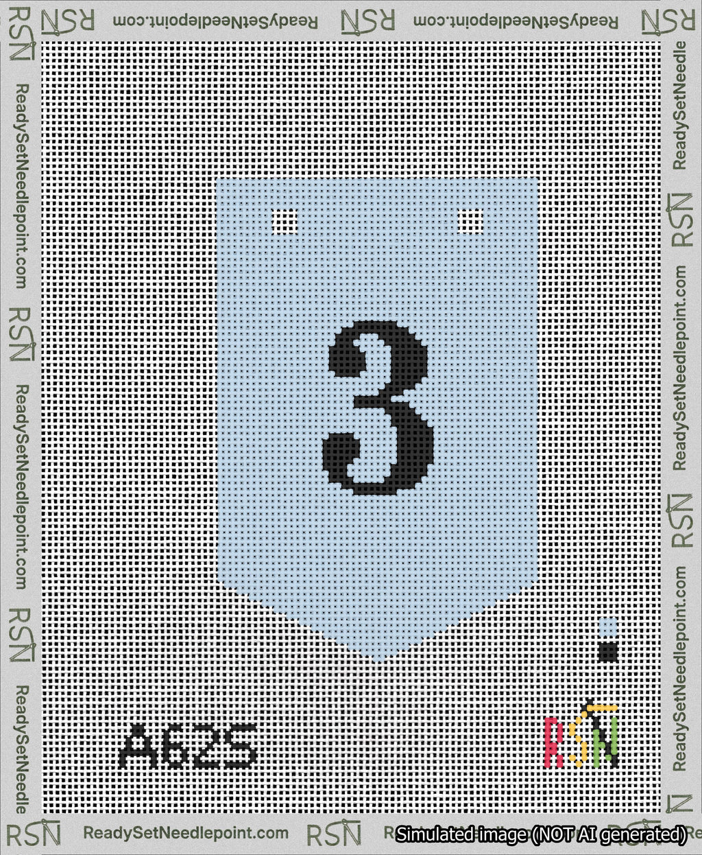 A taped needlepoint canvas with the design: Banner 13 mesh count Pointed 3 Black on Light Blue.