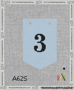 A taped needlepoint canvas with the design: Banner 13 mesh count Pointed 3 Black on Light Blue.