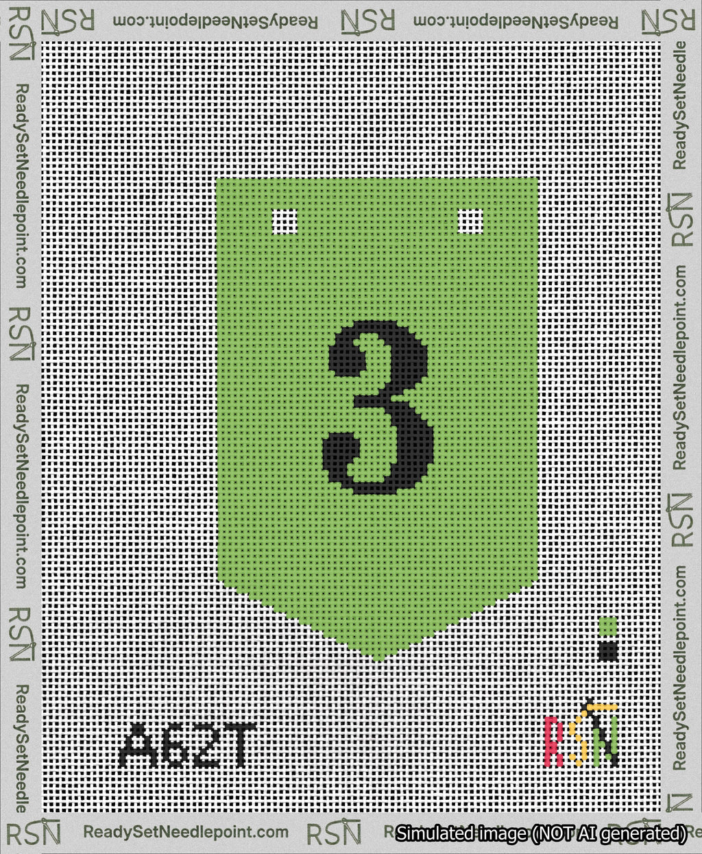 A taped needlepoint canvas with the design: Banner 13 mesh count Pointed 3 Black on Light Green.