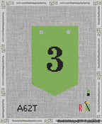 A taped needlepoint canvas with the design: Banner 13 mesh count Pointed 3 Black on Light Green.