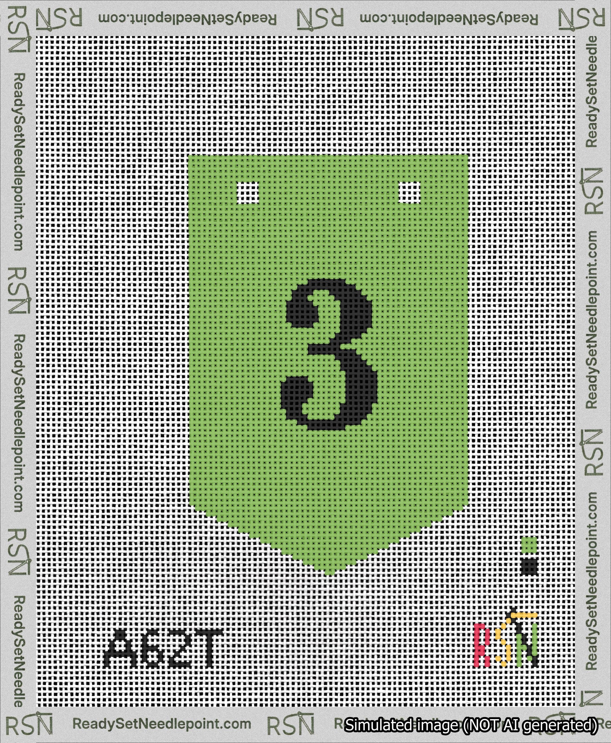 A taped needlepoint canvas with the design: Banner 13 mesh count Pointed 3 Black on Light Green.