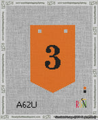 A taped needlepoint canvas with the design: Banner 13 mesh count Pointed 3 Black on Orange.
