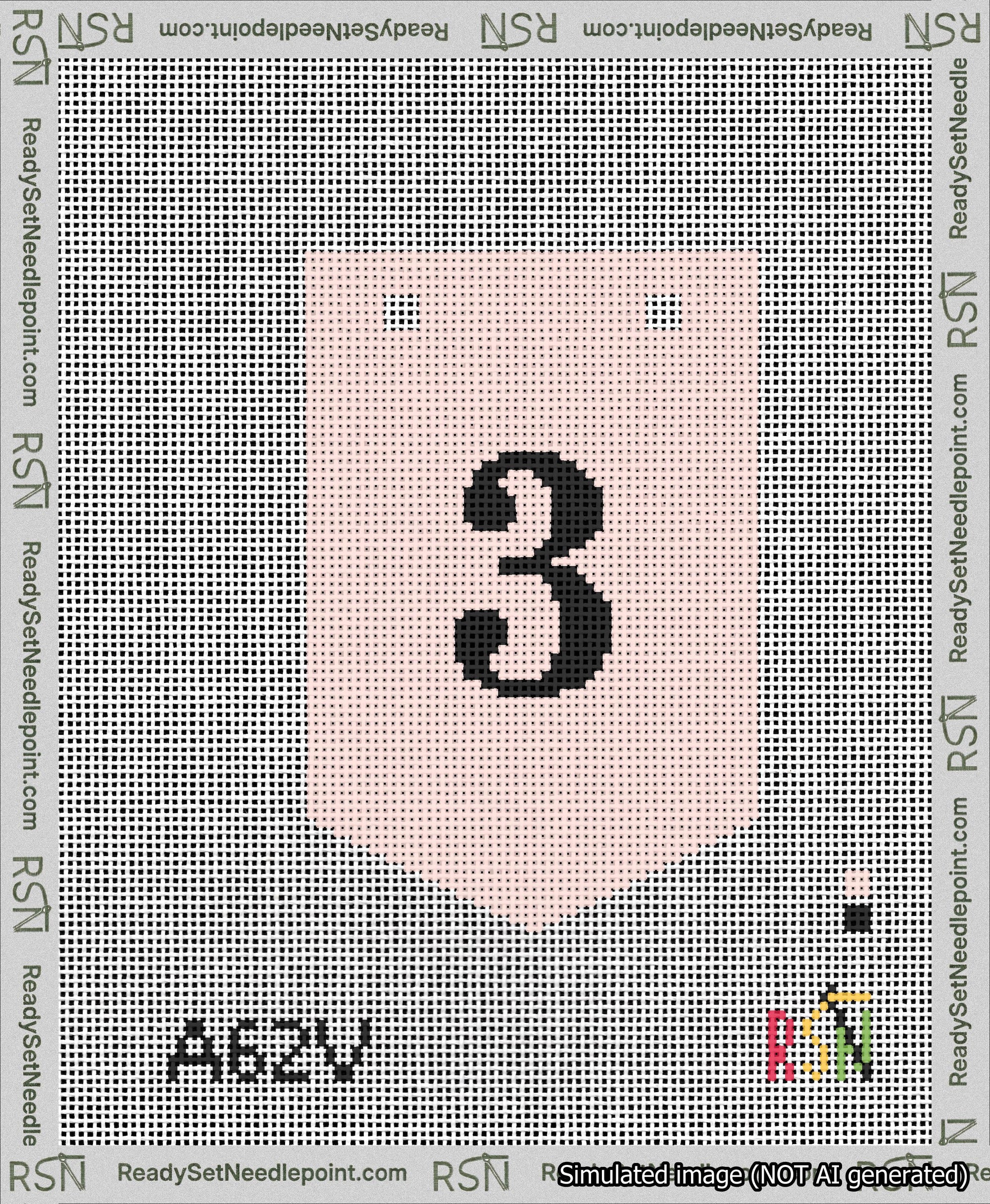 A taped needlepoint canvas with the design: Banner 13 mesh count Pointed 3 Black on Pink.