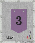 A taped needlepoint canvas with the design: Banner 13 mesh count Pointed 3 Black on Purple.