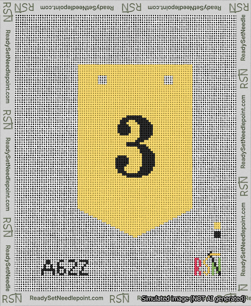 A taped needlepoint canvas with the design: Banner 13 mesh count Pointed 3 Black on Yellow.