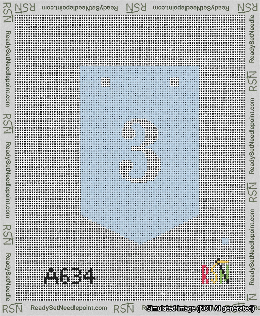 A taped needlepoint canvas with the design: Banner 13 mesh count Pointed 3 White on Light Blue.