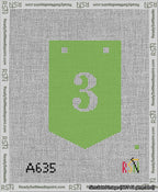 A taped needlepoint canvas with the design: Banner 13 mesh count Pointed 3 White on Light Green.