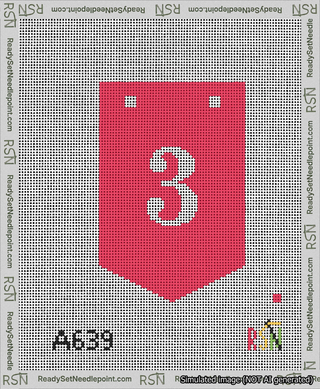 A taped needlepoint canvas with the design: Banner 13 mesh count Pointed 3 White on Red.