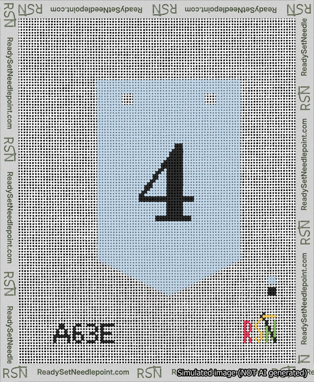 A taped needlepoint canvas with the design: Banner 13 mesh count Pointed 4 Black on Light Blue.