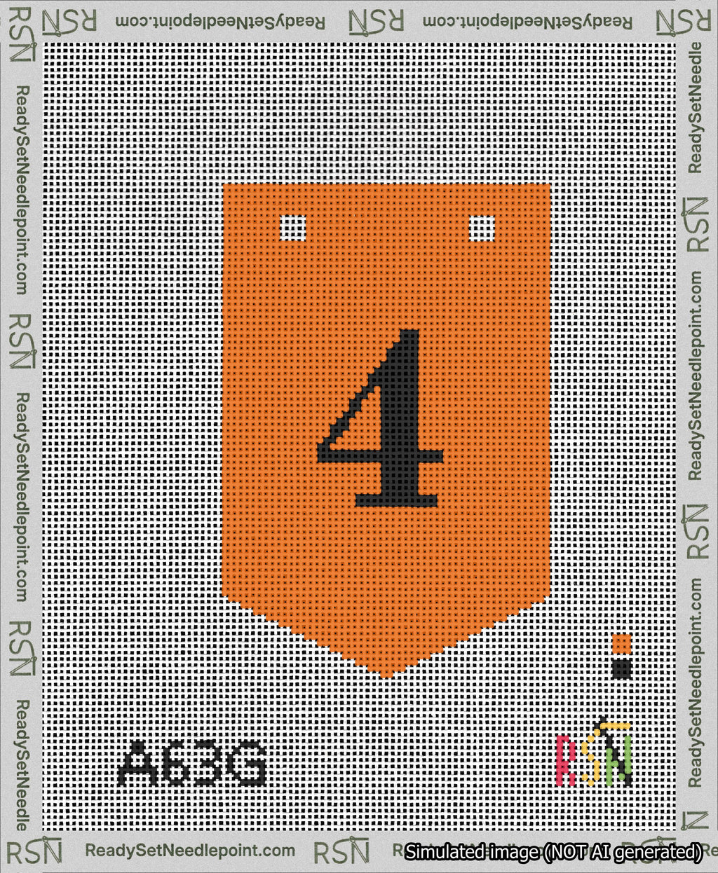 A taped needlepoint canvas with the design: Banner 13 mesh count Pointed 4 Black on Orange.