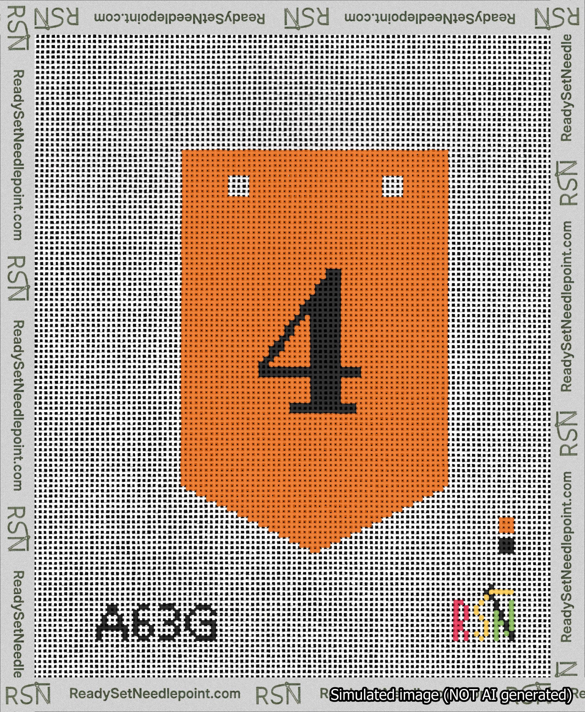 A taped needlepoint canvas with the design: Banner 13 mesh count Pointed 4 Black on Orange.