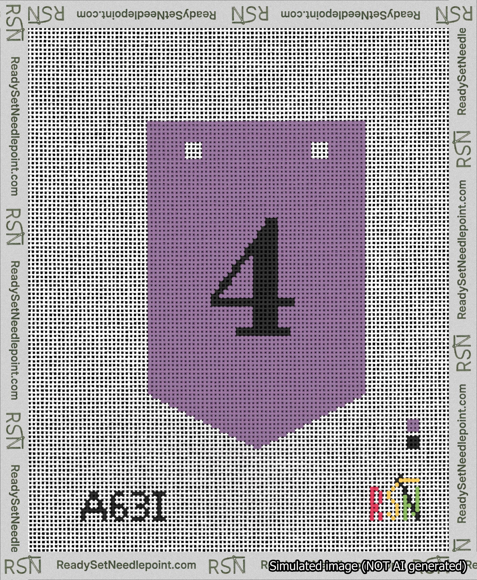 A taped needlepoint canvas with the design: Banner 13 mesh count Pointed 4 Black on Purple.
