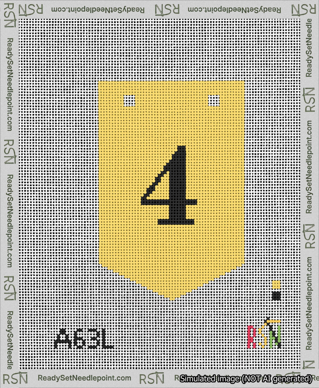 A taped needlepoint canvas with the design: Banner 13 mesh count Pointed 4 Black on Yellow.