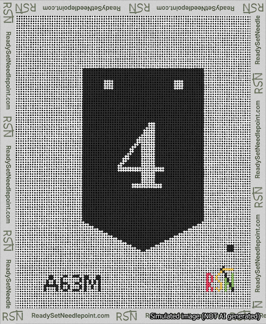 A taped needlepoint canvas with the design: Banner 13 mesh count Pointed 4 White on Black.